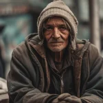 رجل بملابس بسيطة يجلس وحيدًا في شارع فقير، يظهر عليه التعب والقلق، يمثل صفات الشخص الفقير النفسية والمادية.