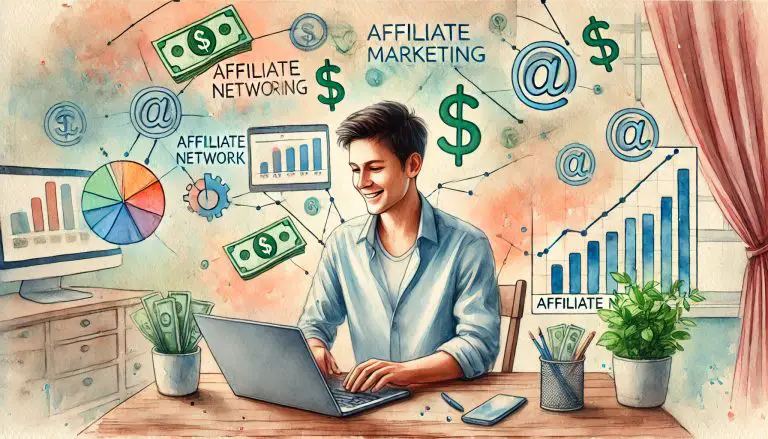 لوحة مائية لشخص يعمل على الكمبيوتر من المنزل يخطط للبدء في مجال التسويق بالعمولة عبر الإنترنت.